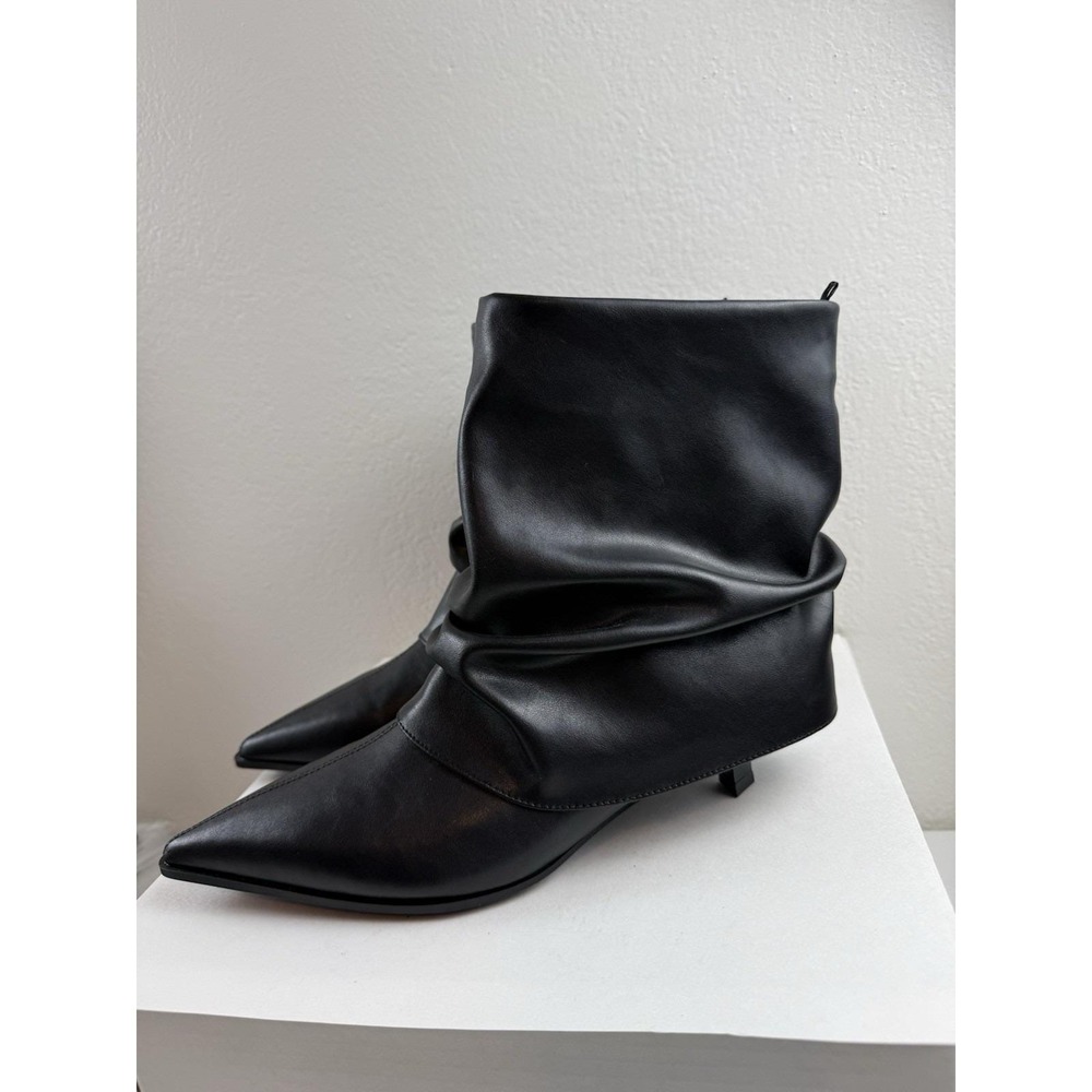 Time And Tru Black Scrunch Fold Over Pointed Toe Kitten Heel Boots Womens Sz 9 - Picture 2 of 9